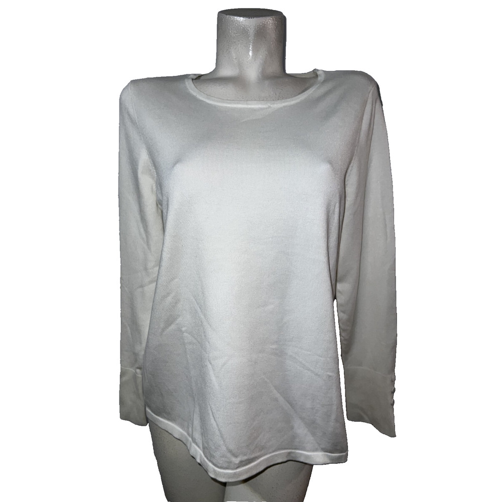 CHICO'S Sweater Size L (2) Ivory LS Knit Top w/Button Detail Casual Tunic Basic